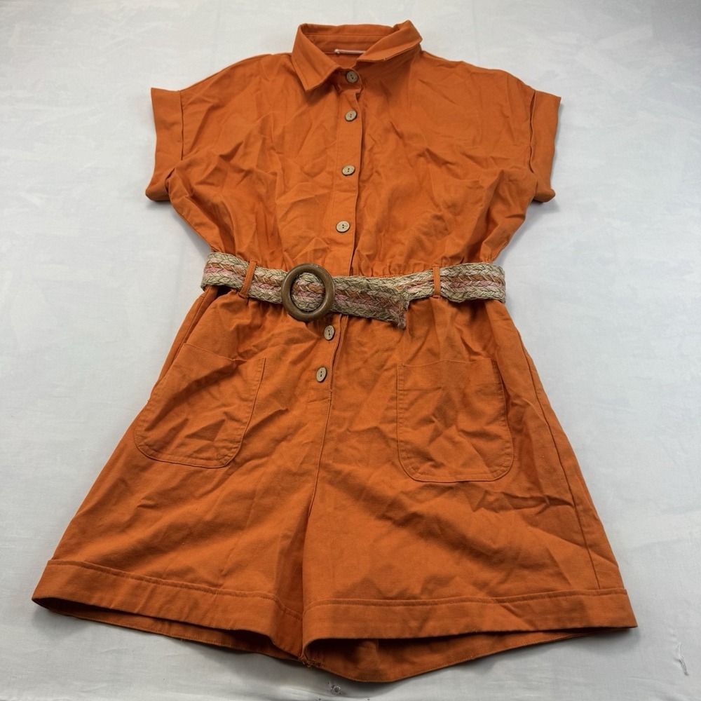 Ellison Orange Belted Collared Short Sleeve Romper Jumpsuit Size L